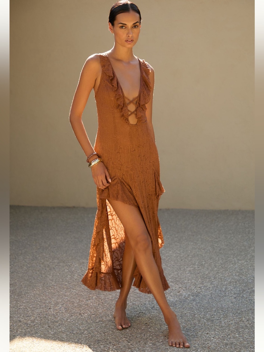 By Anthropologie Halter Ruffled Lace Midi Dress in cedar Medium